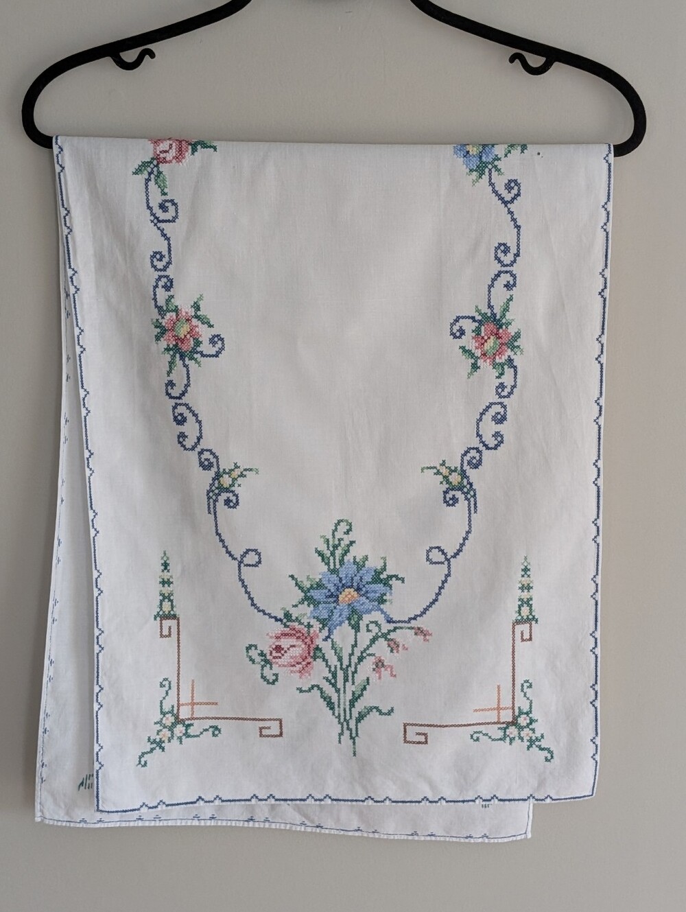 Vintage Hand Embroidered Cross Stitch Table Runner Bureau Scarf Floral
